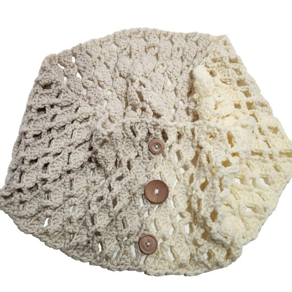 Washable wooly cowl scarf wood button ivory white handknit - Picture 2 of 6